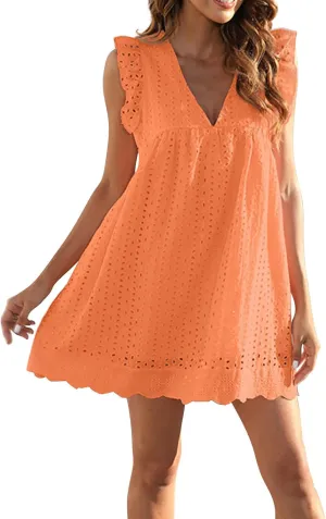 Eyelet Dress for Women 2025 Y2K Dress Sleeveless Ruffle V Neck Hollow Loose Mini Dress Boho Beach Vacation Sundress