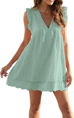 Eyelet Dress for Women 2025 Y2K Dress Sleeveless Ruffle V Neck Hollow Loose Mini Dress Boho Beach Vacation Sundress