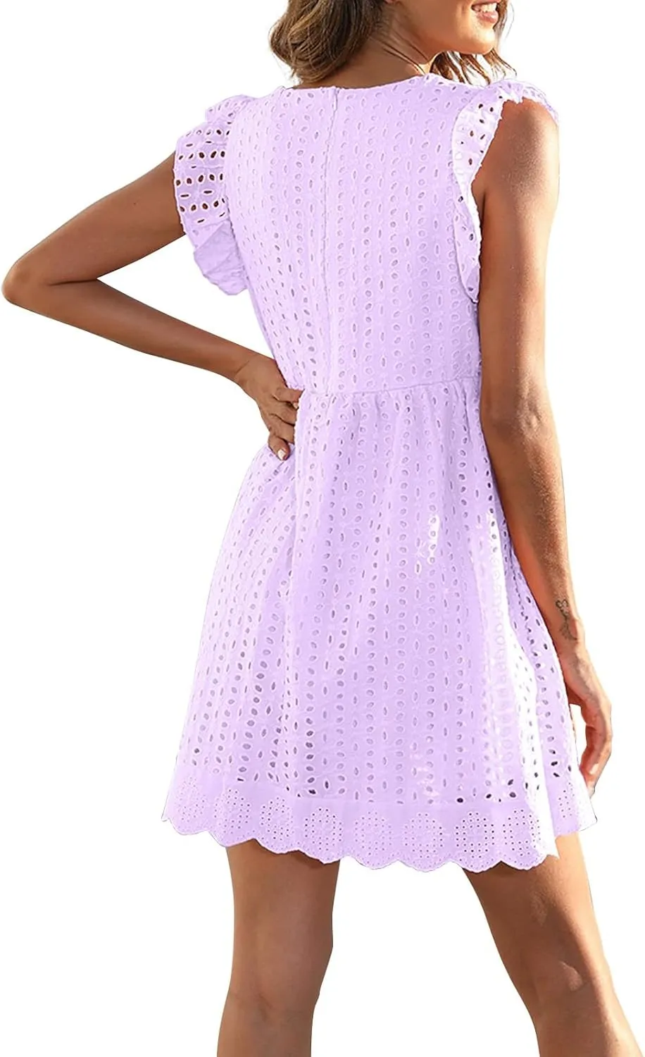 Eyelet Dress for Women 2025 Y2K Dress Sleeveless Ruffle V Neck Hollow Loose Mini Dress Boho Beach Vacation Sundress