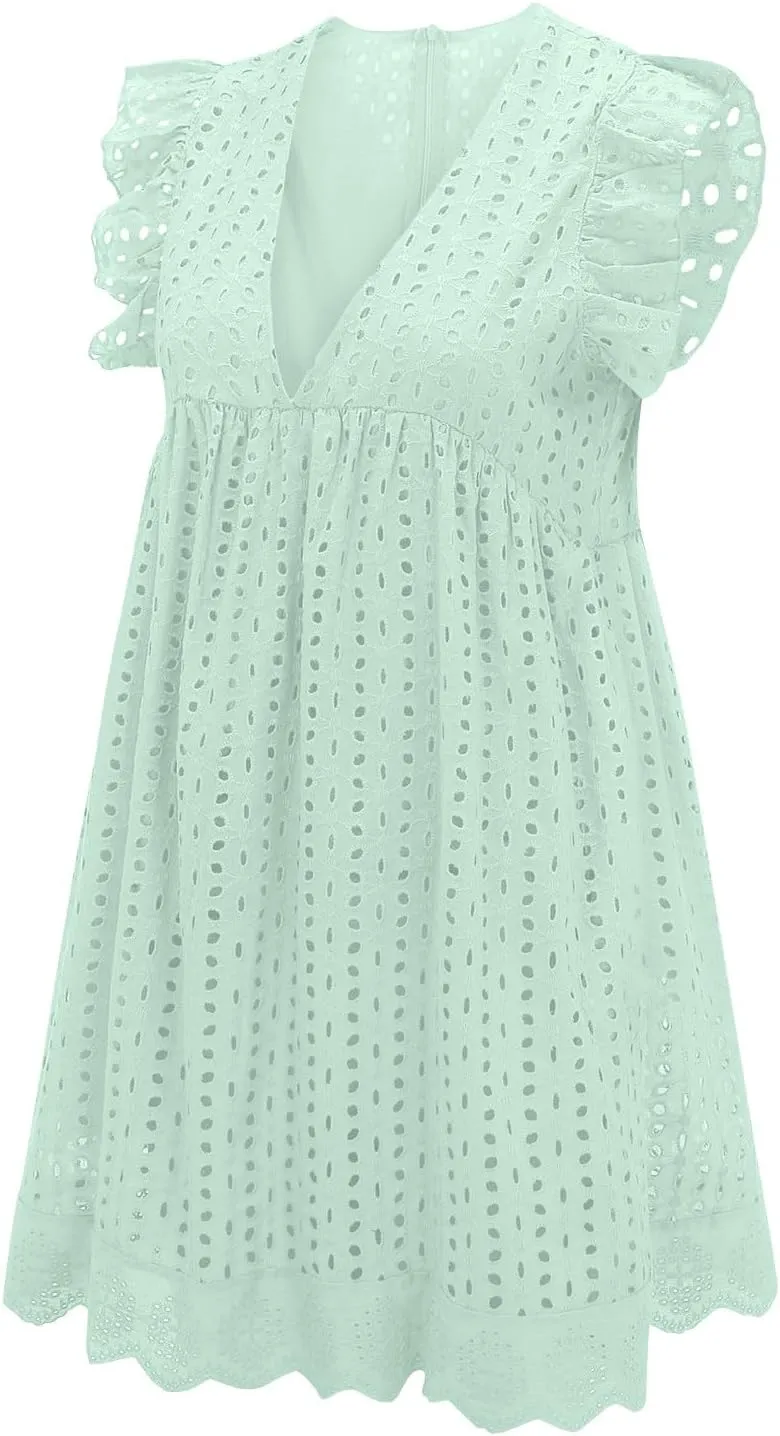 Eyelet Dress for Women 2025 Y2K Dress Sleeveless Ruffle V Neck Hollow Loose Mini Dress Boho Beach Vacation Sundress
