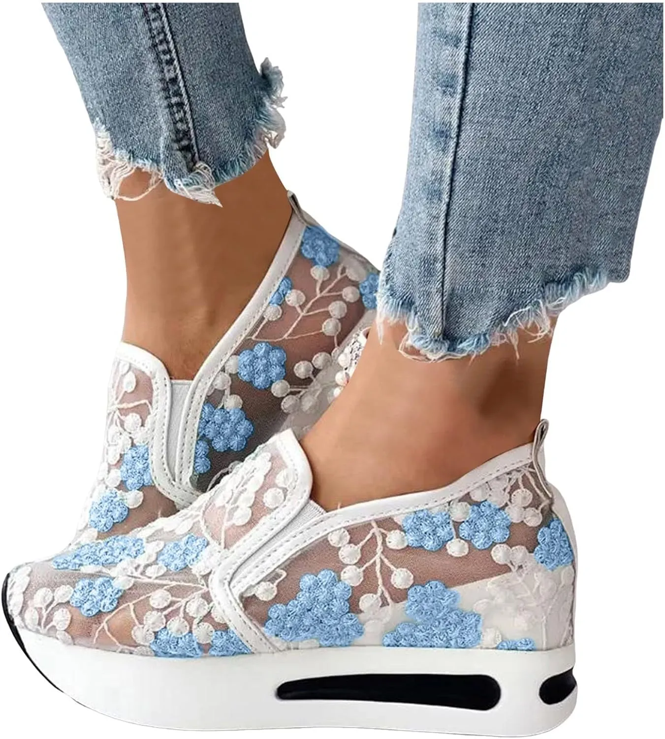 Fashion Sneakers for Women 2025,Floral Embroidery Breathable Sheer Mesh Sneakers Floral Comfort Chunky Sole Hidden High Heels Slip On Loafers Walking Work Wedding Bridal Bling Tennis Shoes