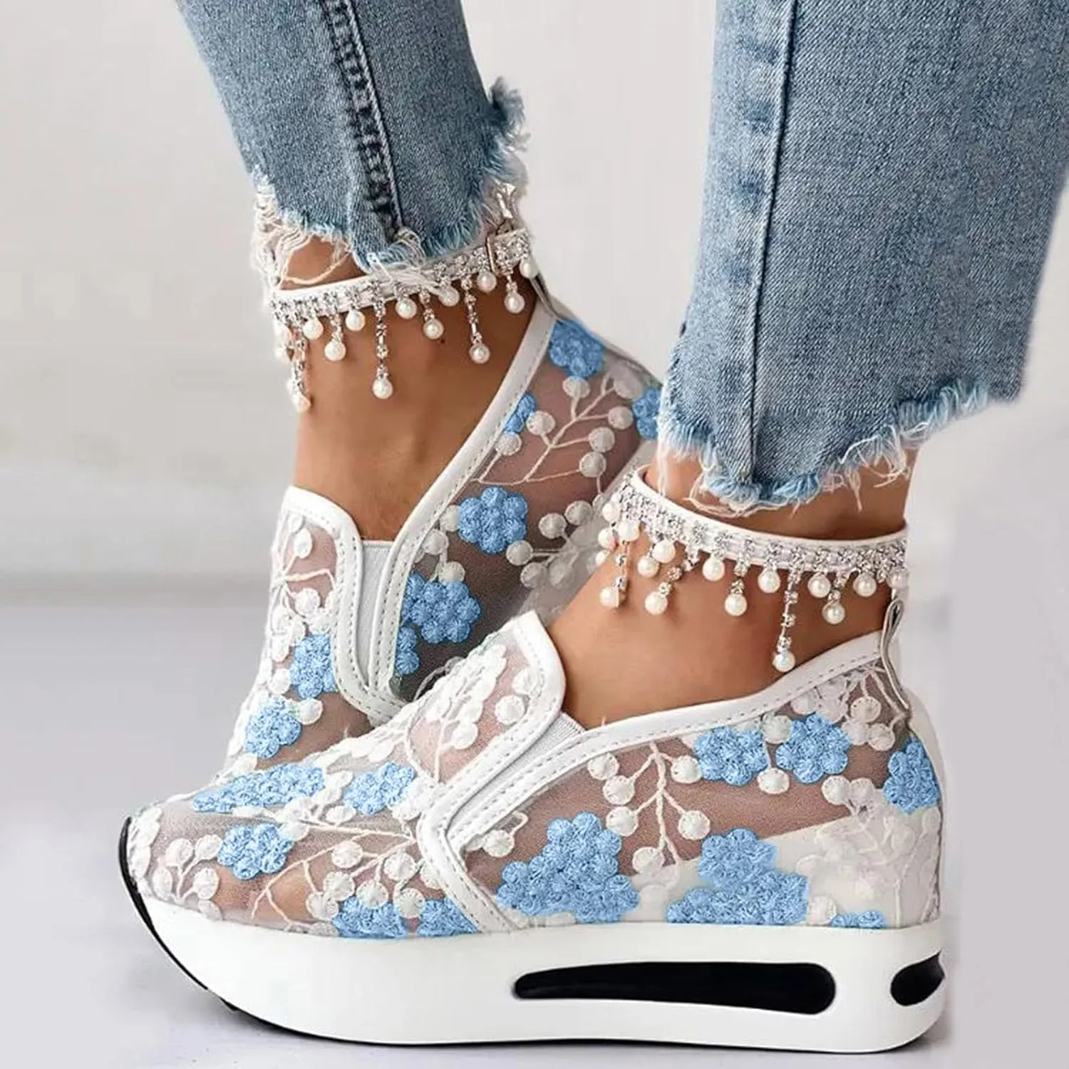 Fashion Sneakers for Women 2025,Floral Embroidery Breathable Sheer Mesh Sneakers Floral Comfort Chunky Sole Hidden High Heels Slip On Loafers Walking Work Wedding Bridal Bling Tennis Shoes