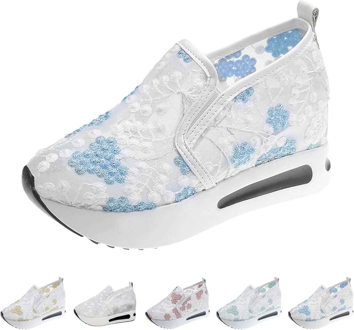 Fashion Sneakers for Women 2025,Floral Embroidery Breathable Sheer Mesh Sneakers Floral Comfort Chunky Sole Hidden High Heels Slip On Loafers Walking Work Wedding Bridal Bling Tennis Shoes