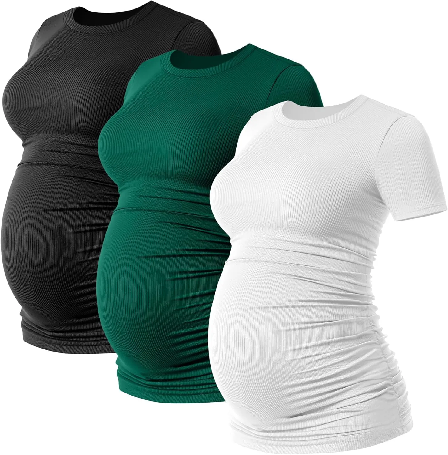 Ficerd 3 Pack Women's Maternity Shirts Cotton Short Sleeve Pregnancy Tops Side Ruched Ribbed Casual Mama tees Clothes