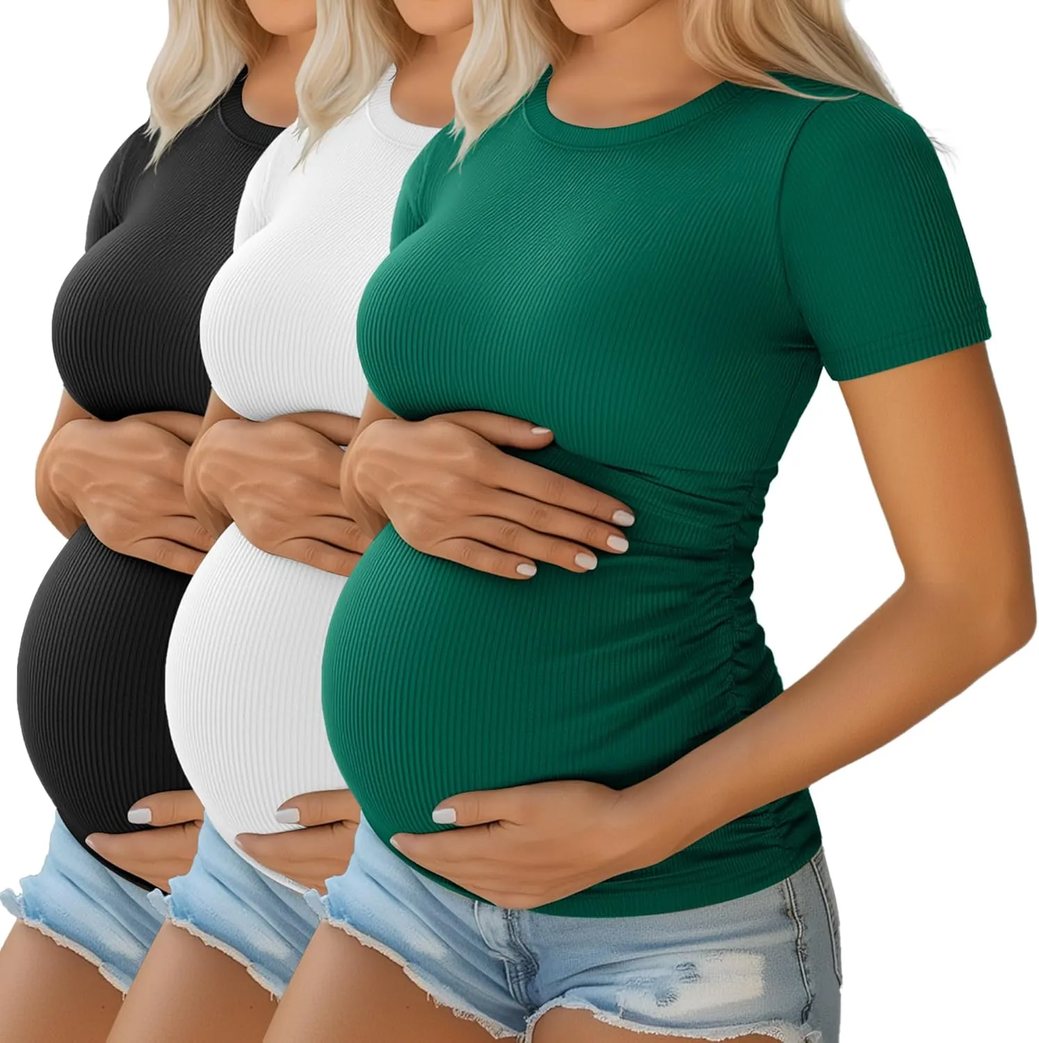 Ficerd 3 Pack Women's Maternity Shirts Cotton Short Sleeve Pregnancy Tops Side Ruched Ribbed Casual Mama tees Clothes