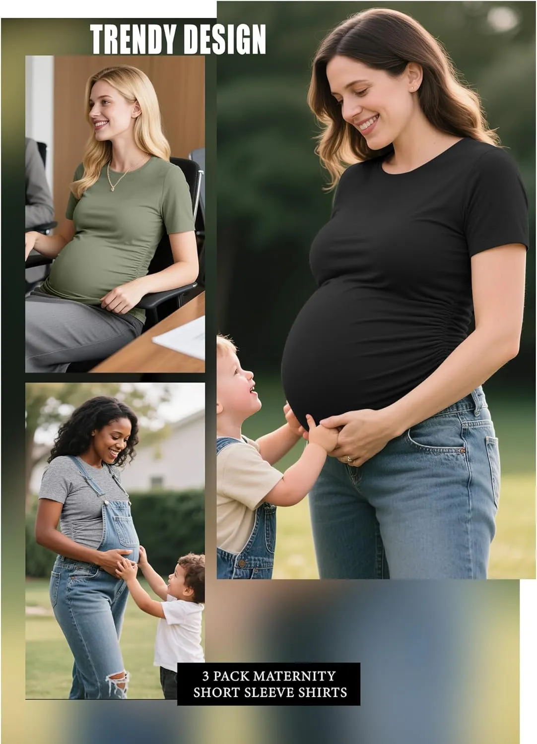 Ficerd 3 Pack Women's Maternity T-Shirts, Short Sleeve Cotton Maternity Tops Comfy Crew Neck Side Ruched Pregnancy Clothes