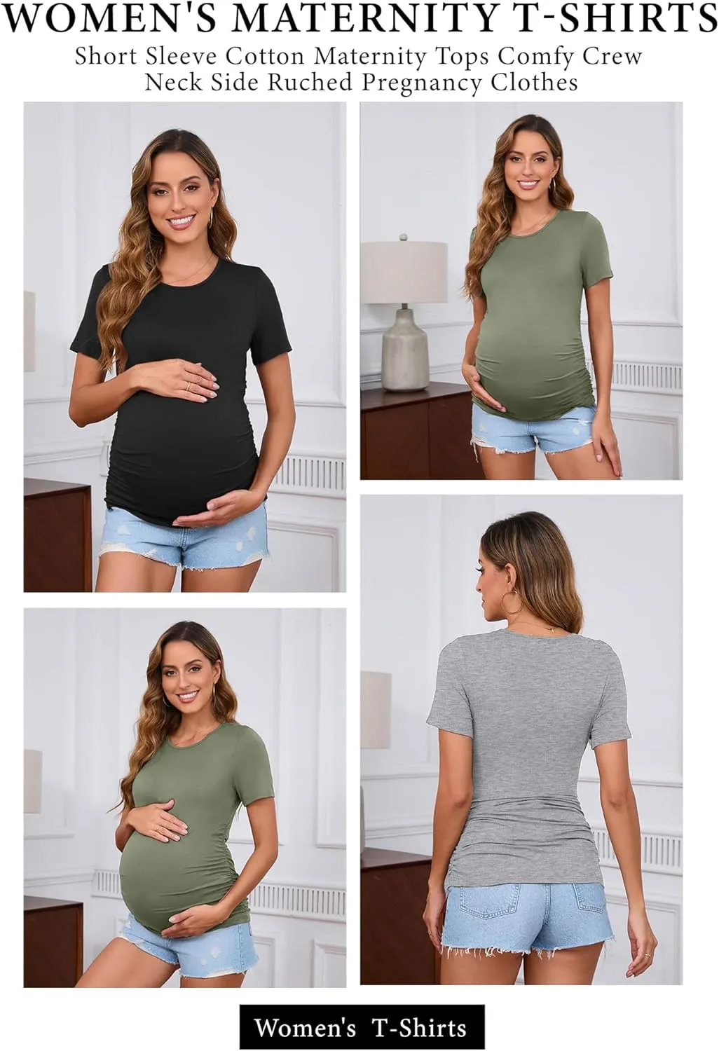 Ficerd 3 Pack Women's Maternity T-Shirts, Short Sleeve Cotton Maternity Tops Comfy Crew Neck Side Ruched Pregnancy Clothes