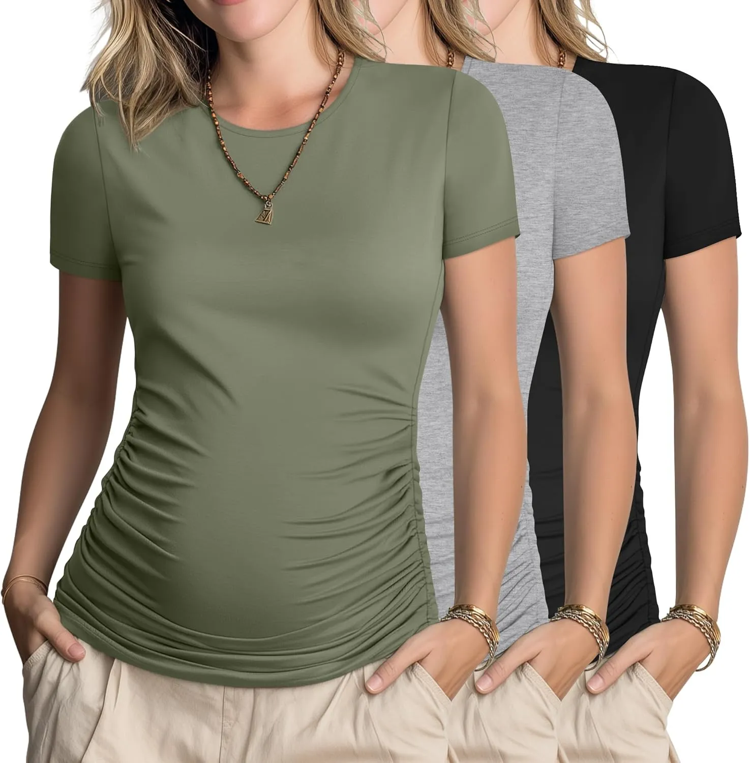 Ficerd 3 Pack Women's Maternity T-Shirts, Short Sleeve Cotton Maternity Tops Comfy Crew Neck Side Ruched Pregnancy Clothes