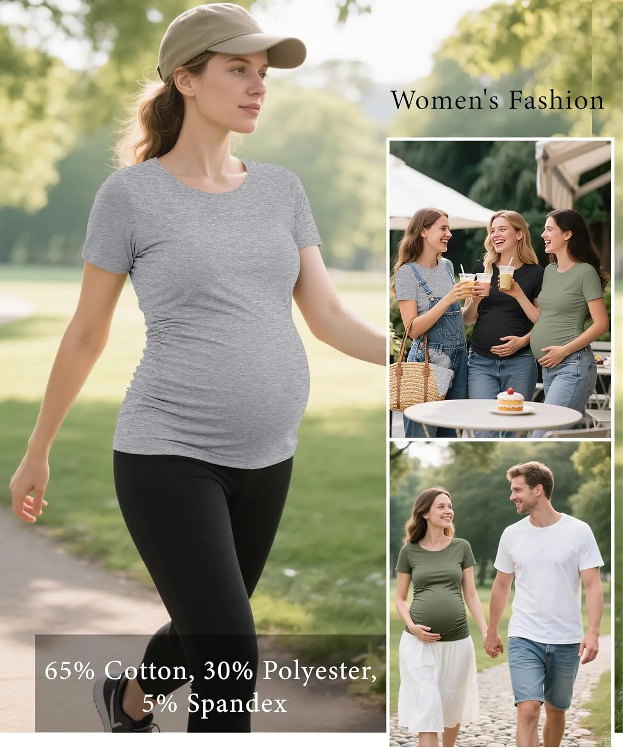 Ficerd 3 Pack Women's Maternity T-Shirts, Short Sleeve Cotton Maternity Tops Comfy Crew Neck Side Ruched Pregnancy Clothes