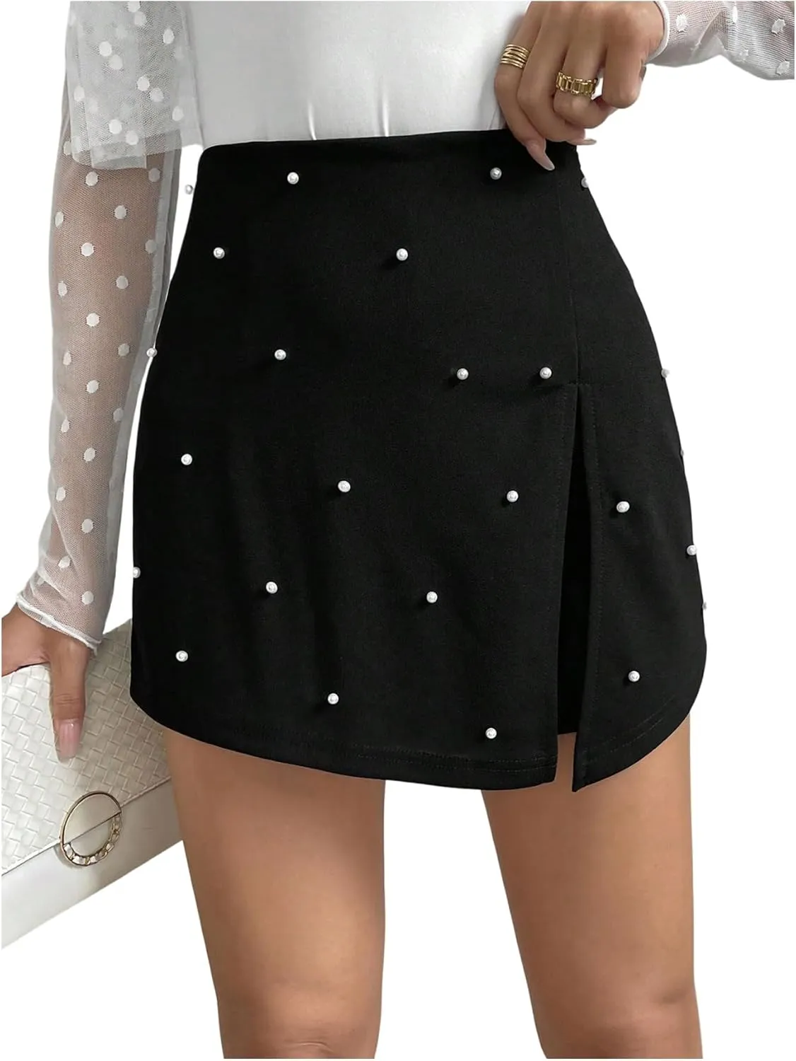 Floerns Women's Pearl Beaded Slit Skort Elastic High Waist Cocktail Party Dressy Shorts
