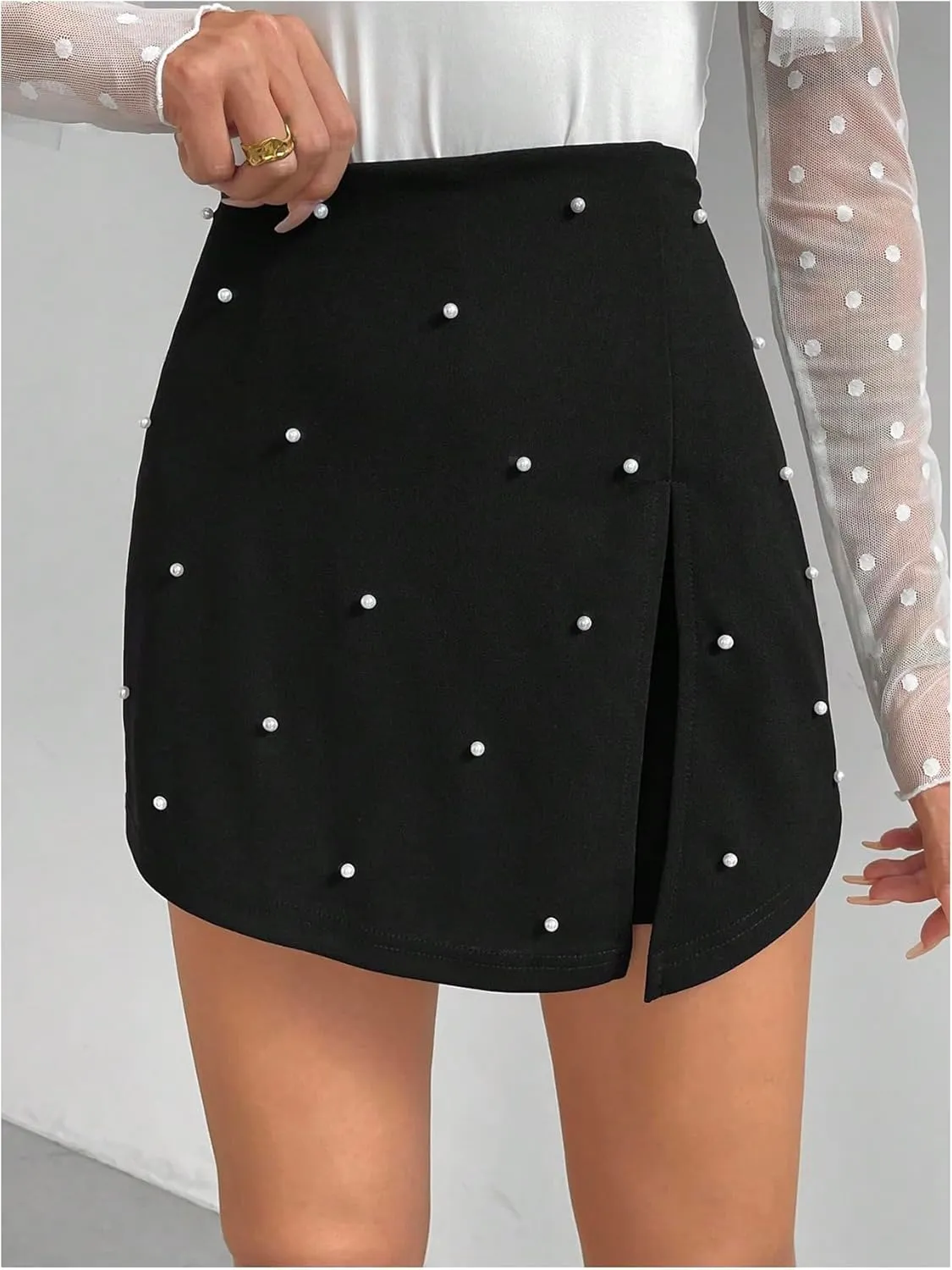 Floerns Women's Pearl Beaded Slit Skort Elastic High Waist Cocktail Party Dressy Shorts