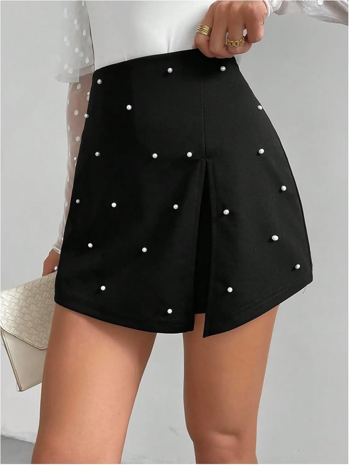 Floerns Women's Pearl Beaded Slit Skort Elastic High Waist Cocktail Party Dressy Shorts