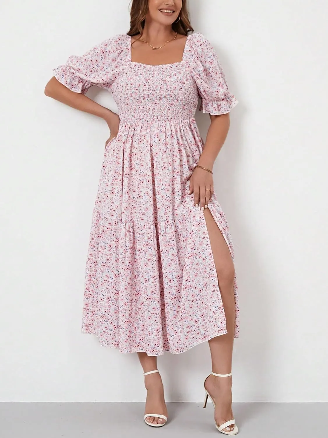 Floerns Women's Plus Size Boho Floral Print Shirred Ruffle Hem A Line Long Dress