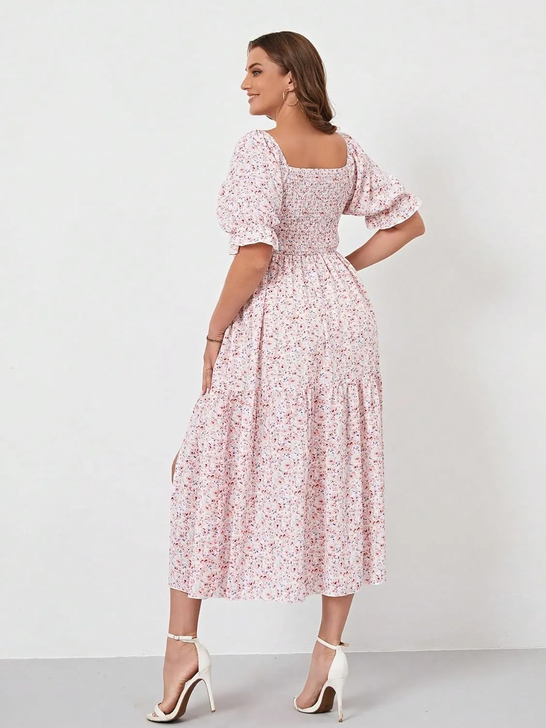 Floerns Women's Plus Size Boho Floral Print Shirred Ruffle Hem A Line Long Dress