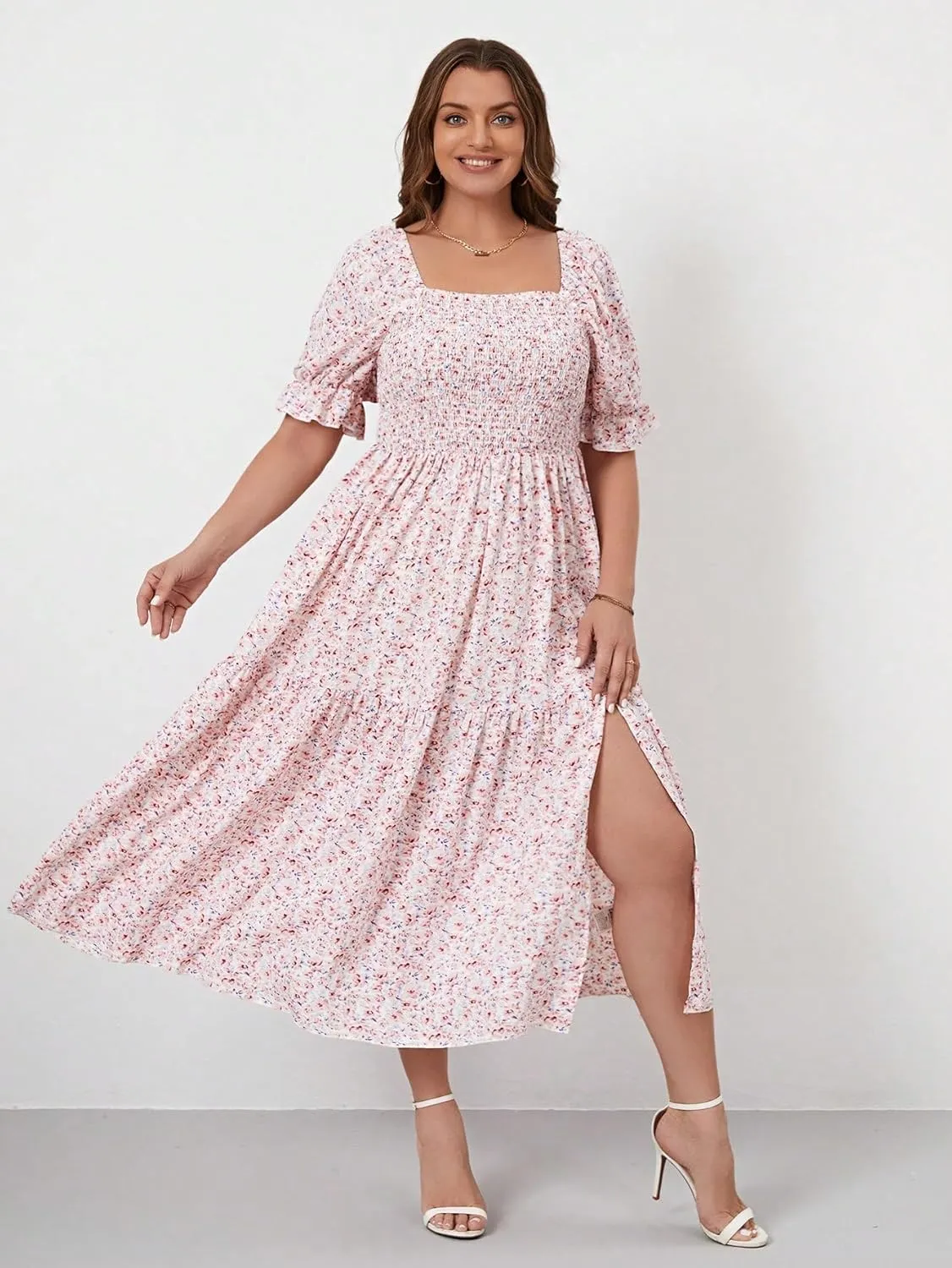 Floerns Women's Plus Size Boho Floral Print Shirred Ruffle Hem A Line Long Dress