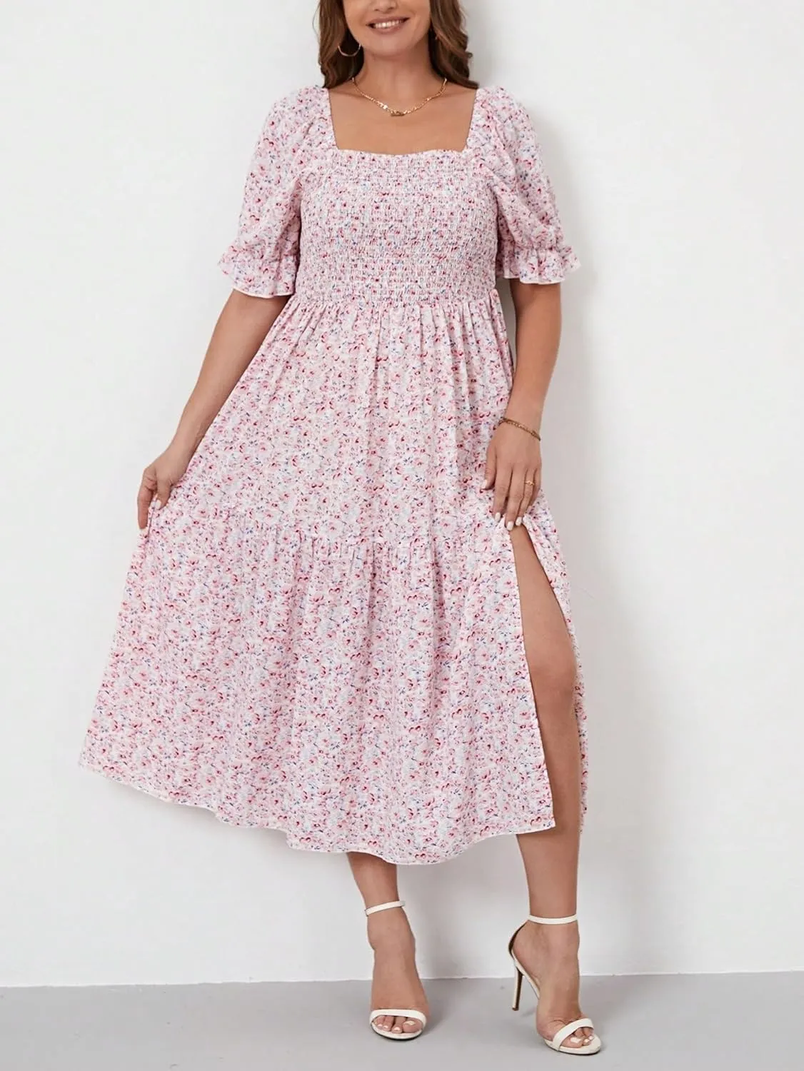Floerns Women's Plus Size Boho Floral Print Shirred Ruffle Hem A Line Long Dress