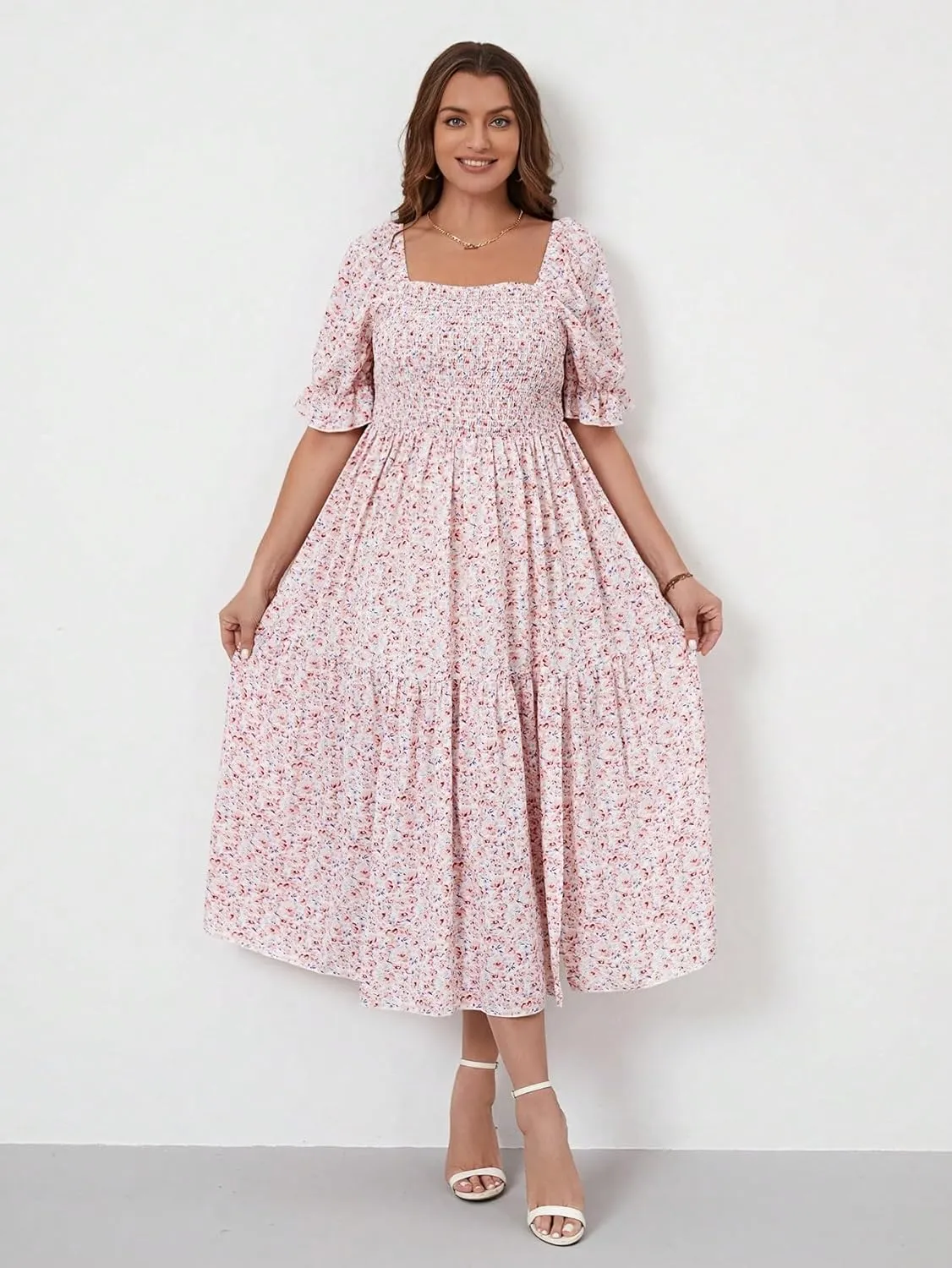 Floerns Women's Plus Size Boho Floral Print Shirred Ruffle Hem A Line Long Dress