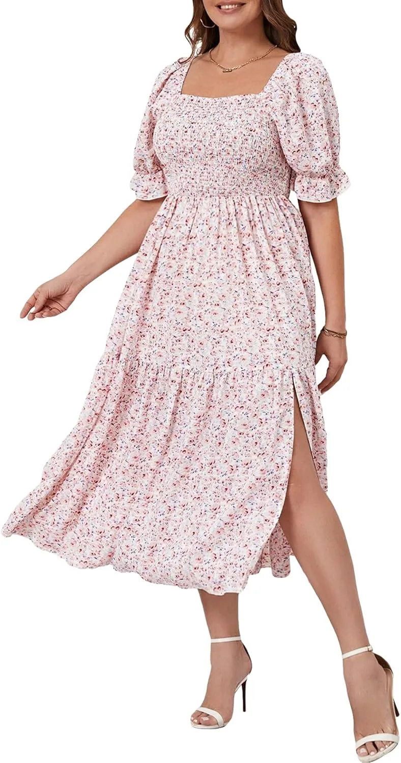 Floerns Women's Plus Size Boho Floral Print Shirred Ruffle Hem A Line Long Dress