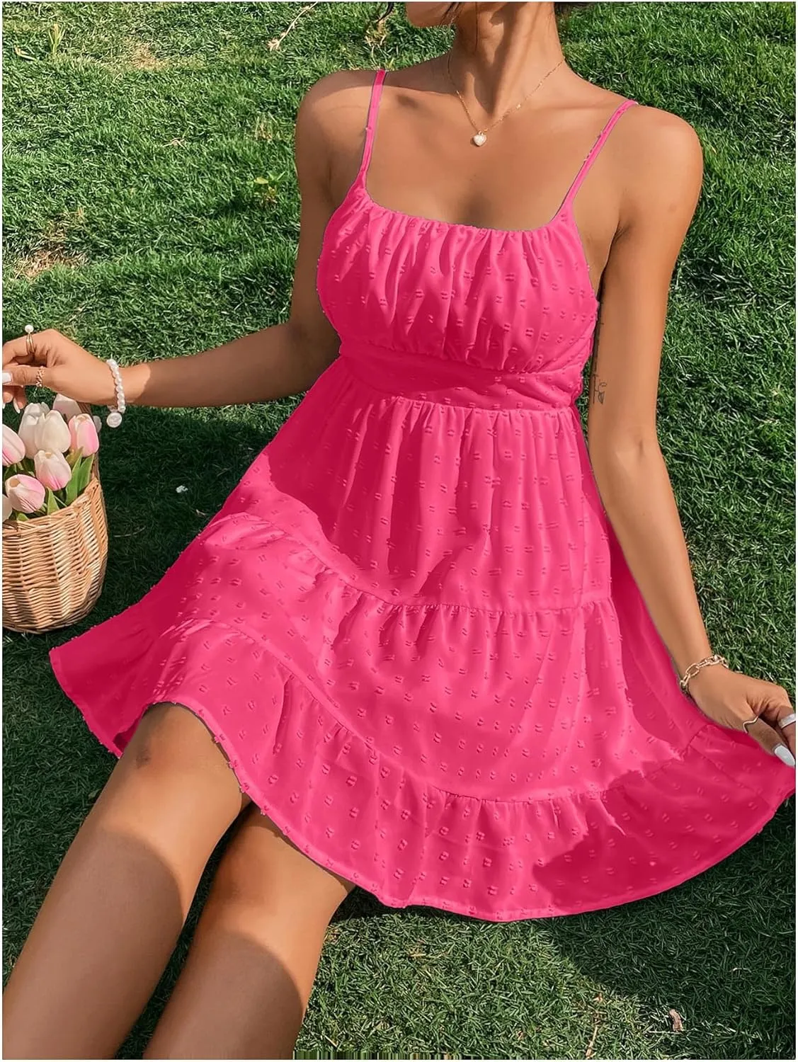 Floerns Women's Swiss Dots Sleeveless Ruched Bust Ruffle Hem Cami Short Dress