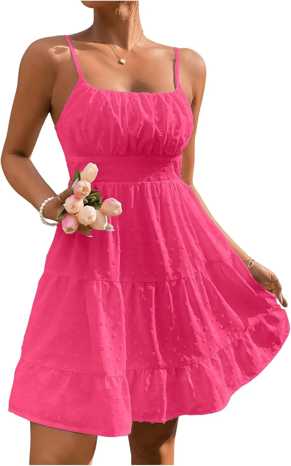 Floerns Women's Swiss Dots Sleeveless Ruched Bust Ruffle Hem Cami Short Dress