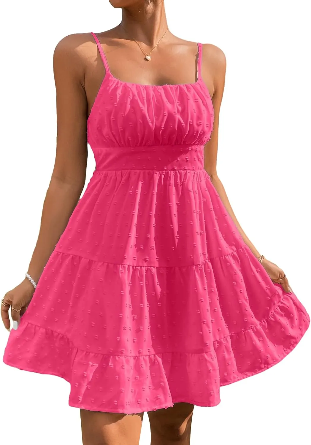 Floerns Women's Swiss Dots Sleeveless Ruched Bust Ruffle Hem Cami Short Dress