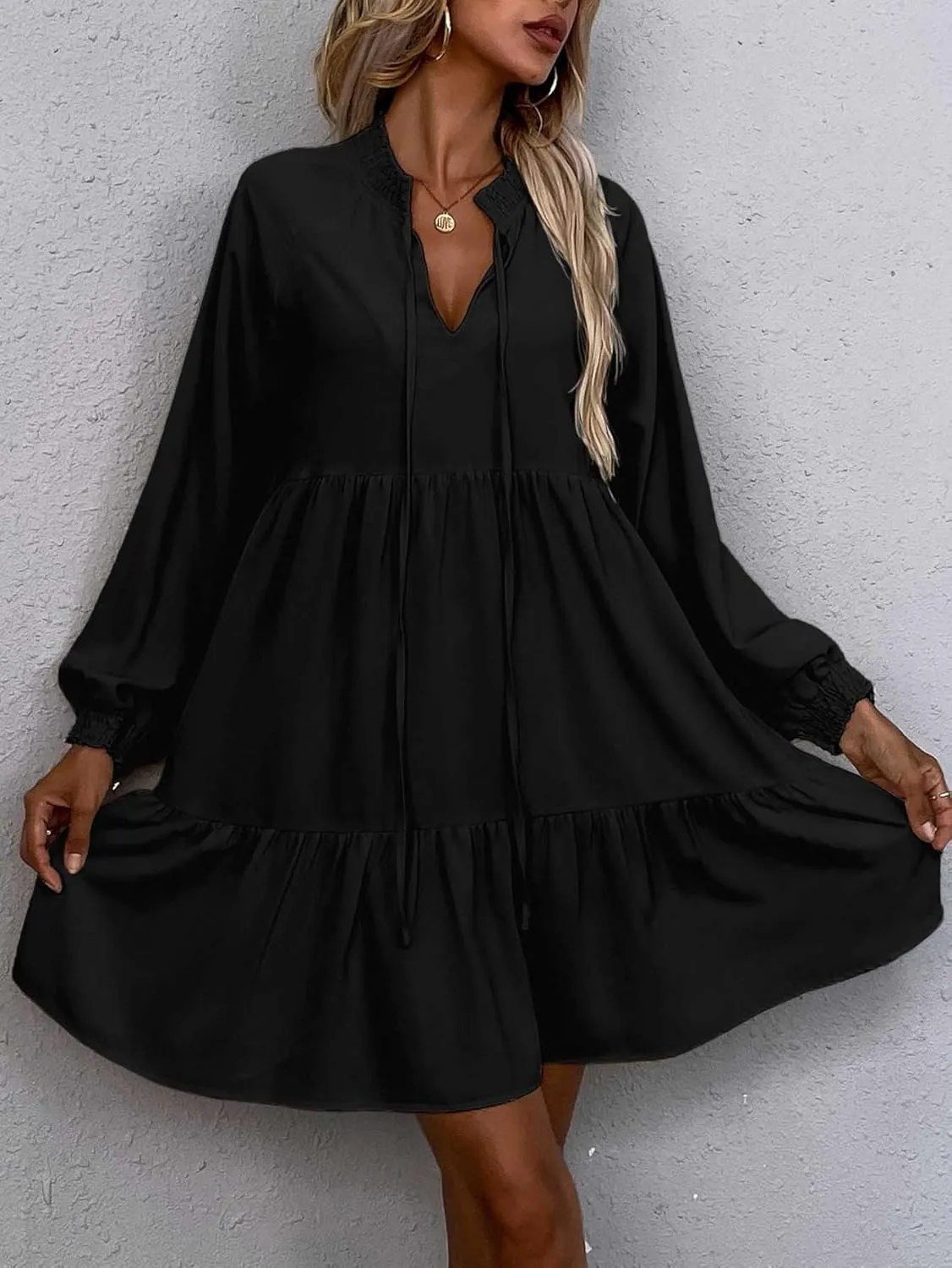 Floerns Women's Tie Neck Long Sleeve High Waist Ruffle Hem A Line Short Dress