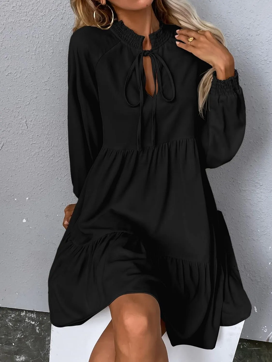 Floerns Women's Tie Neck Long Sleeve High Waist Ruffle Hem A Line Short Dress