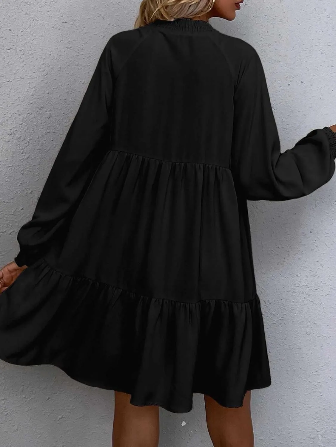 Floerns Women's Tie Neck Long Sleeve High Waist Ruffle Hem A Line Short Dress