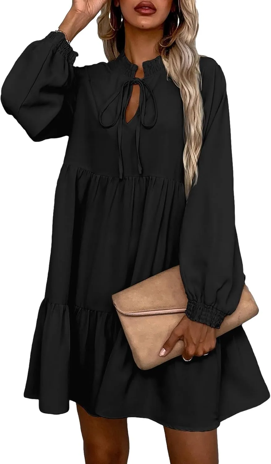 Floerns Women's Tie Neck Long Sleeve High Waist Ruffle Hem A Line Short Dress