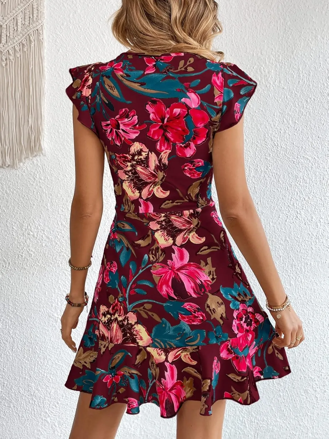 Floerns Women's V Back Inslace Layered Ruffle Hem Flutter Sleeve Dress