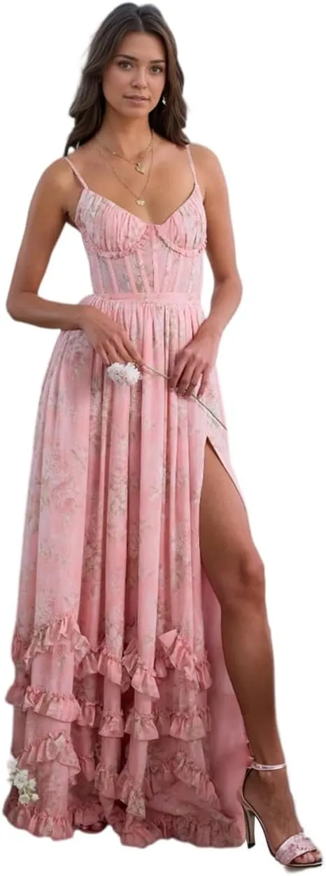 Floral Printed Chiffon Prom Dress with Silt Spaghetti Straps Ball Gown Ruffle Hem Long Formal Evening Party Dress