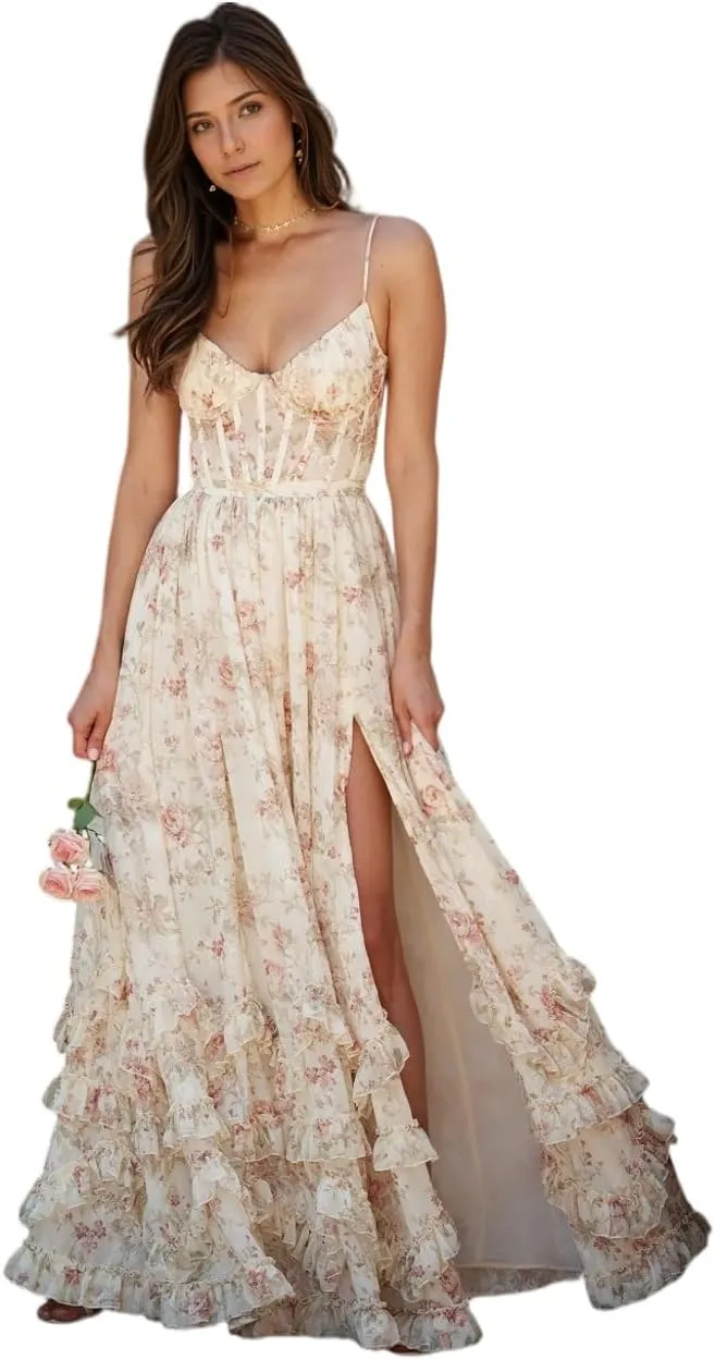 Floral Printed Chiffon Prom Dress with Silt Spaghetti Straps Ball Gown Ruffle Hem Long Formal Evening Party Dress