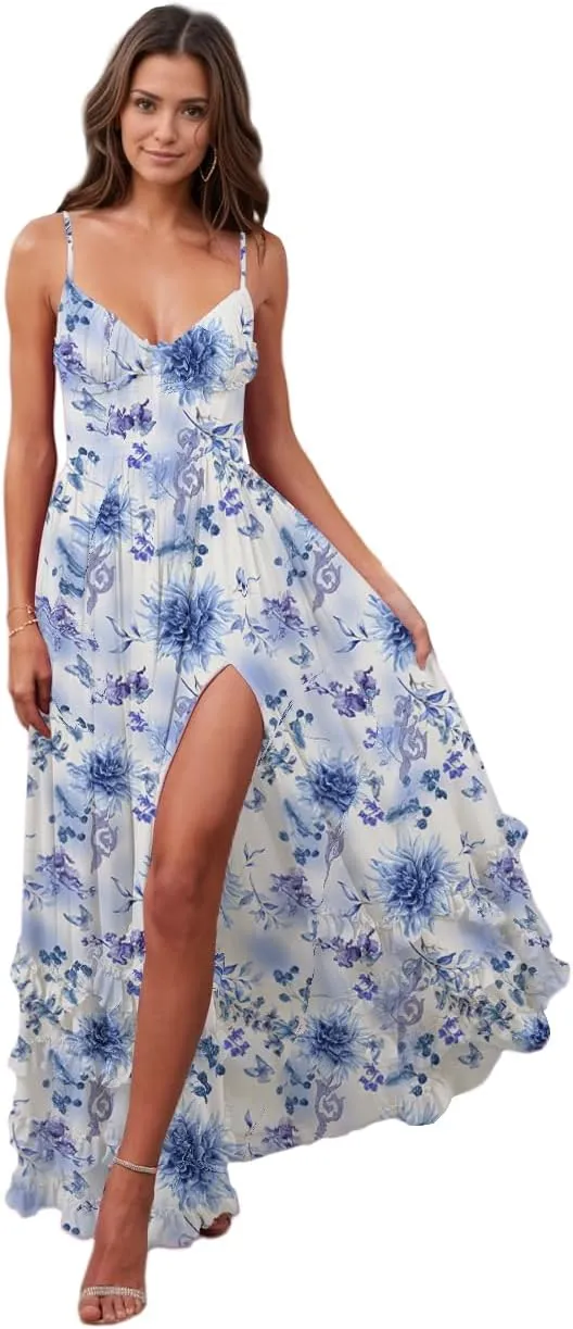 Floral Printed Chiffon Prom Dress with Silt Spaghetti Straps Ball Gown Ruffle Hem Long Formal Evening Party Dress