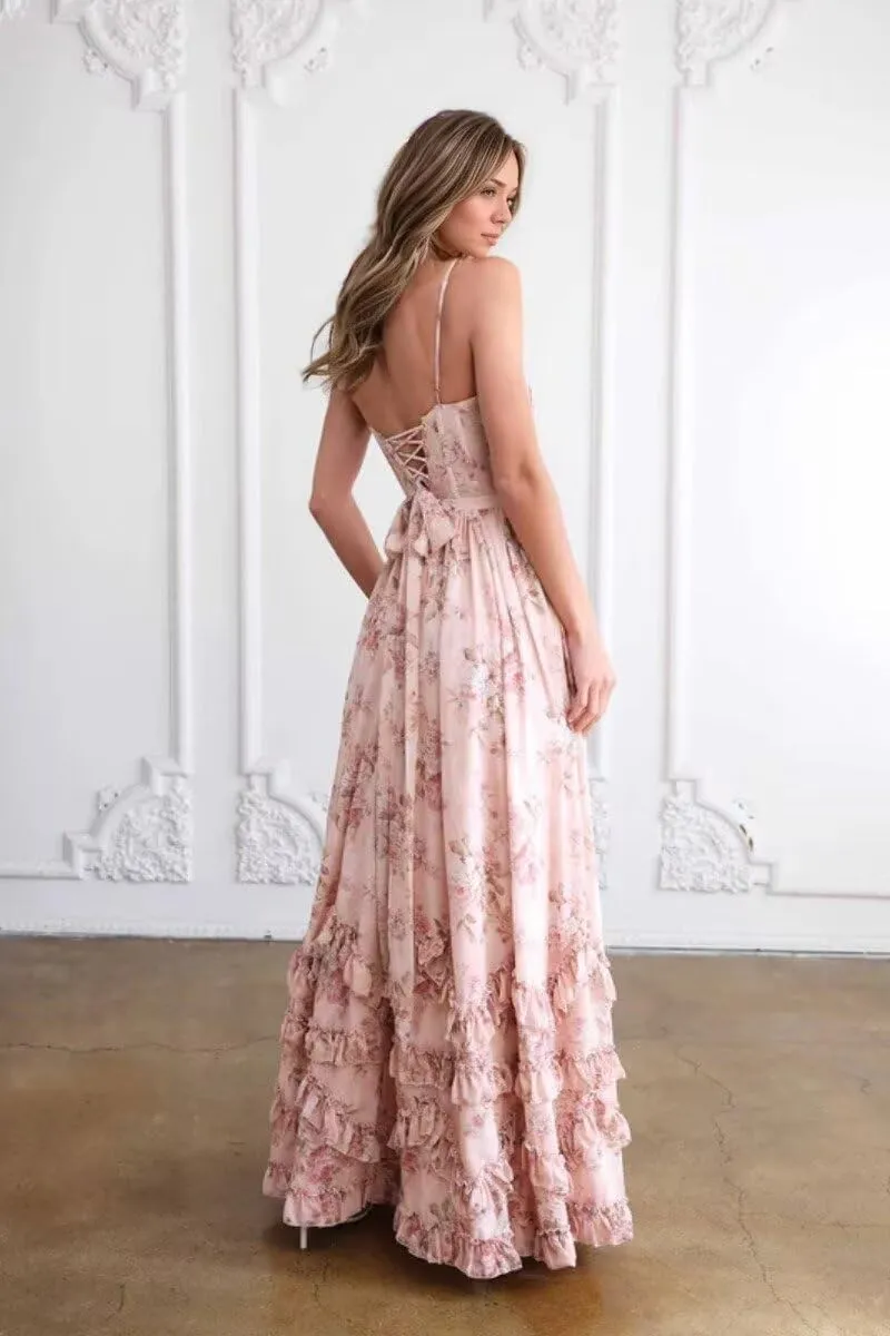 Floral Printed Chiffon Prom Dress with Silt Spaghetti Straps Ball Gown Ruffle Hem Long Formal Evening Party Dress