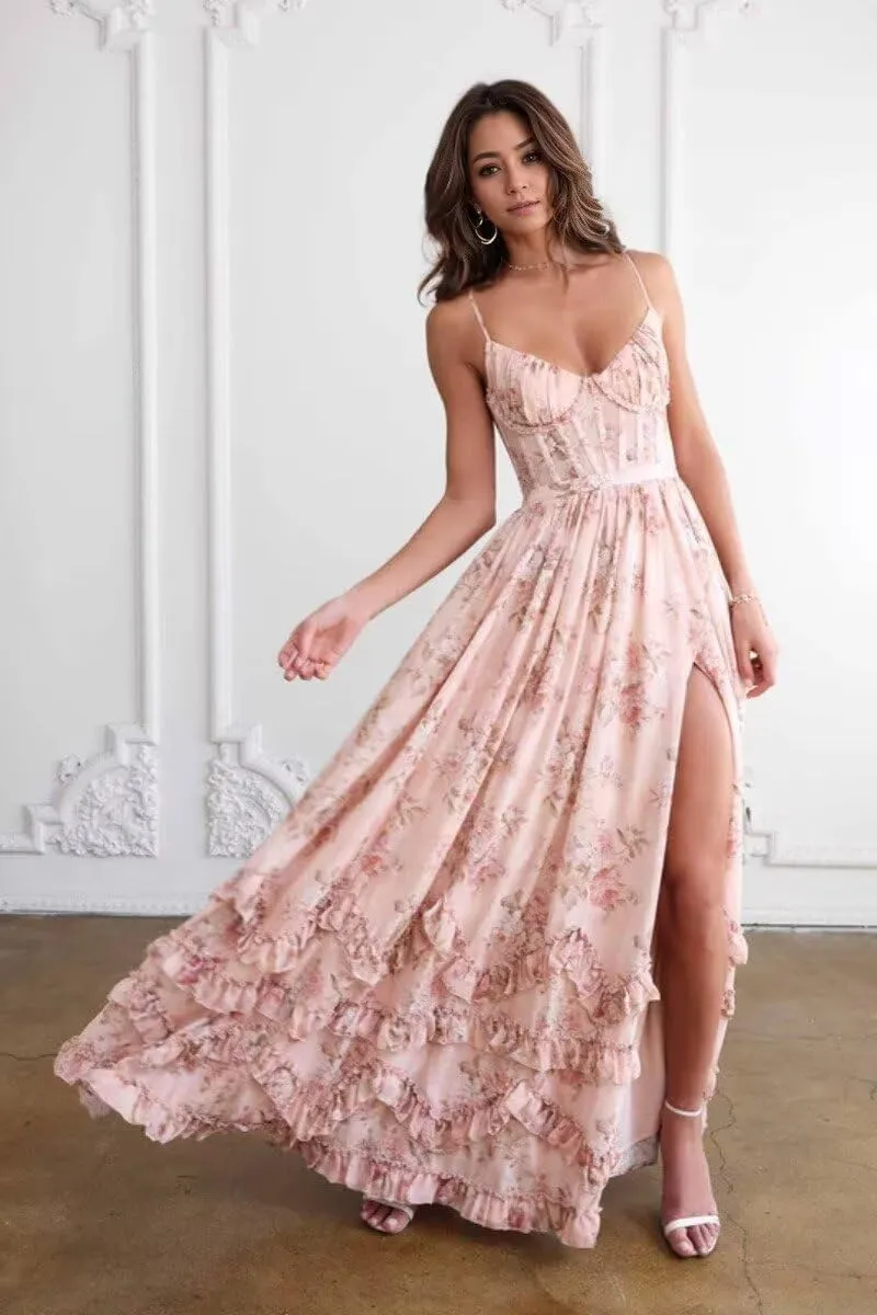 Floral Printed Chiffon Prom Dress with Silt Spaghetti Straps Ball Gown Ruffle Hem Long Formal Evening Party Dress