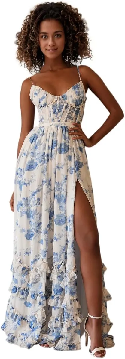 Floral Printed Chiffon Prom Dress with Silt Spaghetti Straps Ball Gown Ruffle Hem Long Formal Evening Party Dress