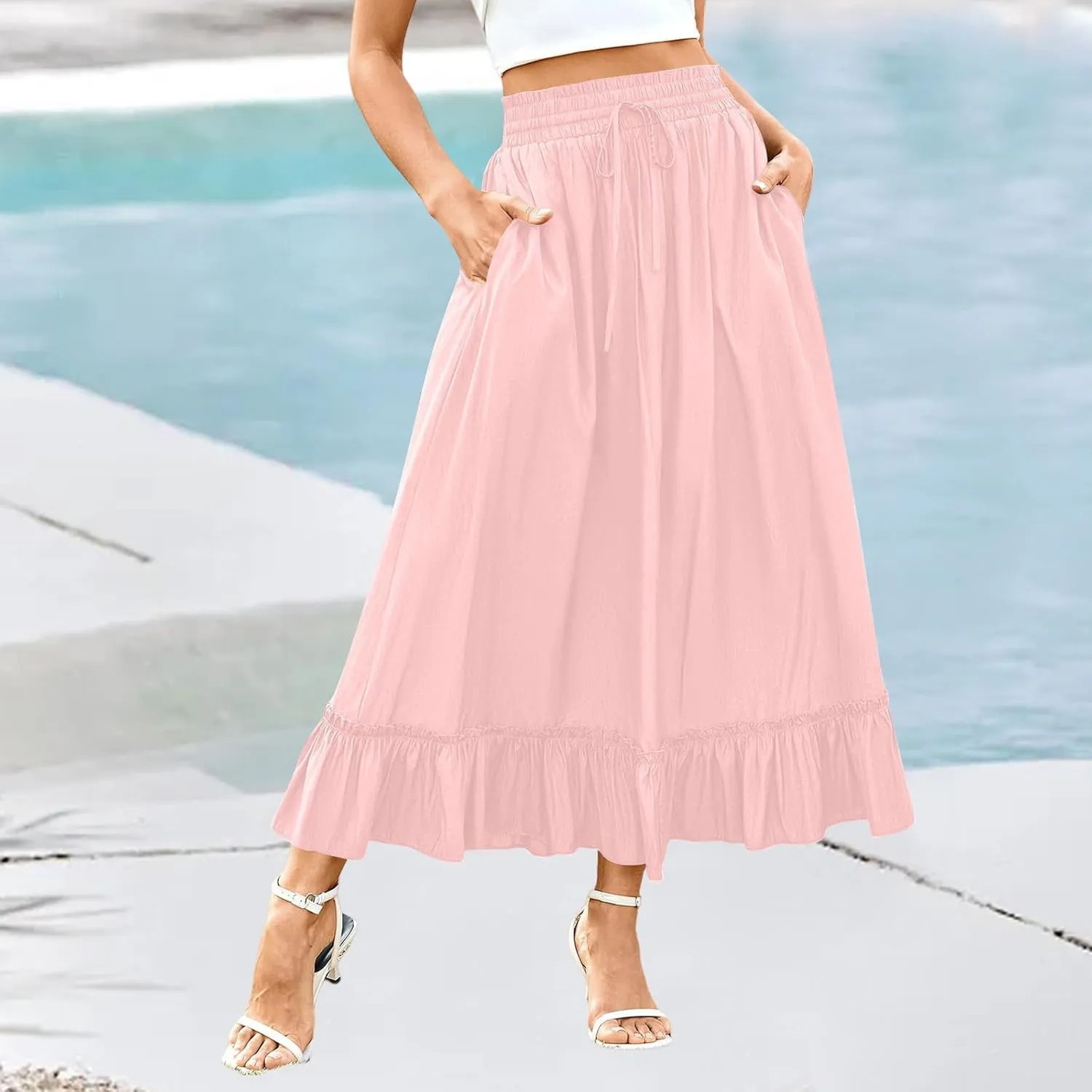 for Women Long Midi Knee Length Long Ruched Peplum High Cut Tiered Basic Skirt Women 2025 Regular Fit Y2K