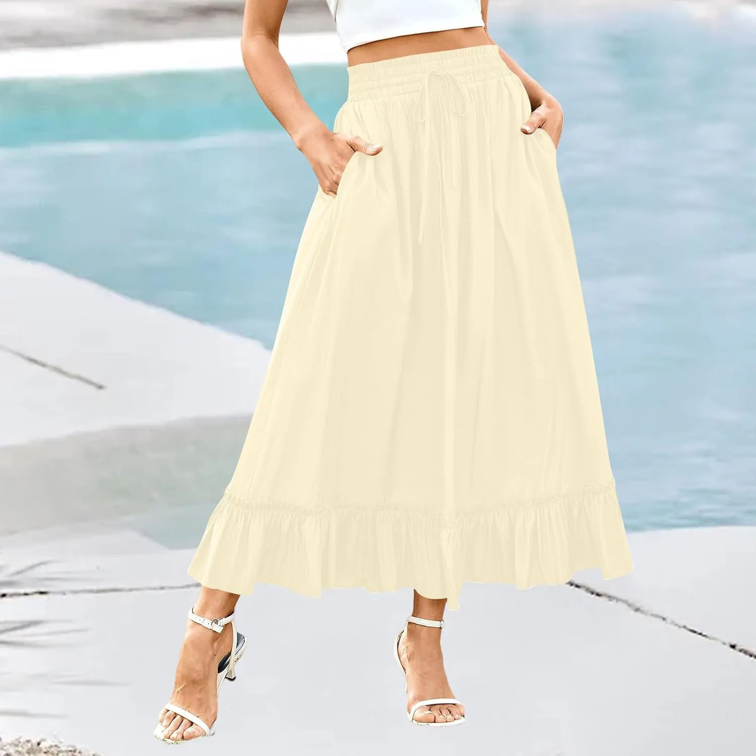 for Women Long Midi Knee Length Long Ruched Peplum High Cut Tiered Basic Skirt Women 2025 Regular Fit Y2K
