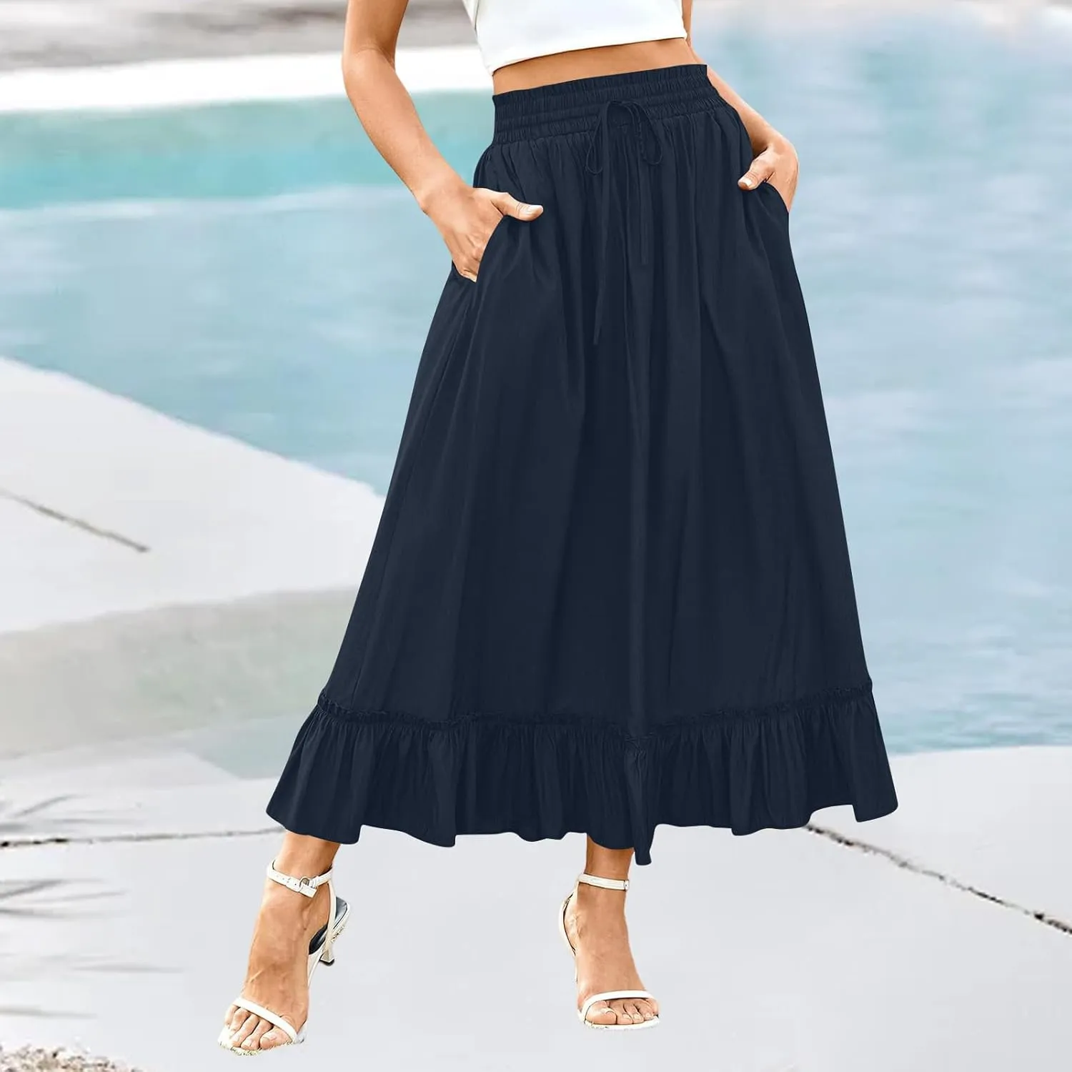 for Women Long Midi Knee Length Long Ruched Peplum High Cut Tiered Basic Skirt Women 2025 Regular Fit Y2K