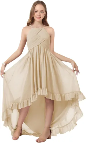 Girls Chiffon Halter Flower Girl Flowy Dresses with Ruffles Asymmetrical A Line Wedding Party Junior Bridesmaid Dress