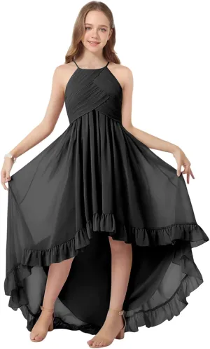 Girls Chiffon Halter Flower Girl Flowy Dresses with Ruffles Asymmetrical A Line Wedding Party Junior Bridesmaid Dress