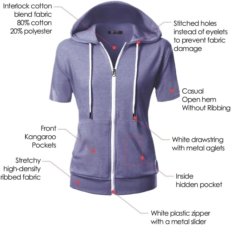 GIVON Womens Slim Fit Zip Up Hoodie Short Sleeve Thin Jacket Full Zip Sweatshirt with Plus Size