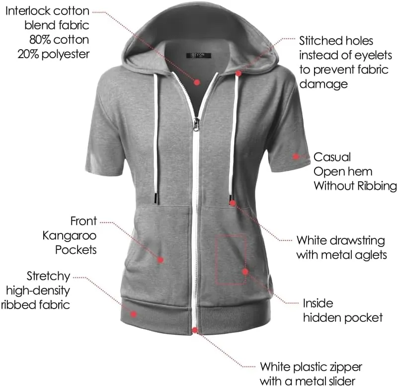 GIVON Womens Slim Fit Zip Up Hoodie Short Sleeve Thin Jacket Full Zip Sweatshirt with Plus Size