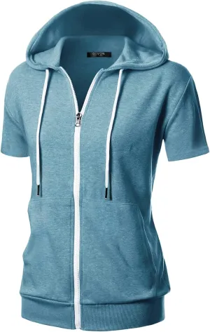 GIVON Womens Slim Fit Zip Up Hoodie Short Sleeve Thin Jacket Full Zip Sweatshirt with Plus Size
