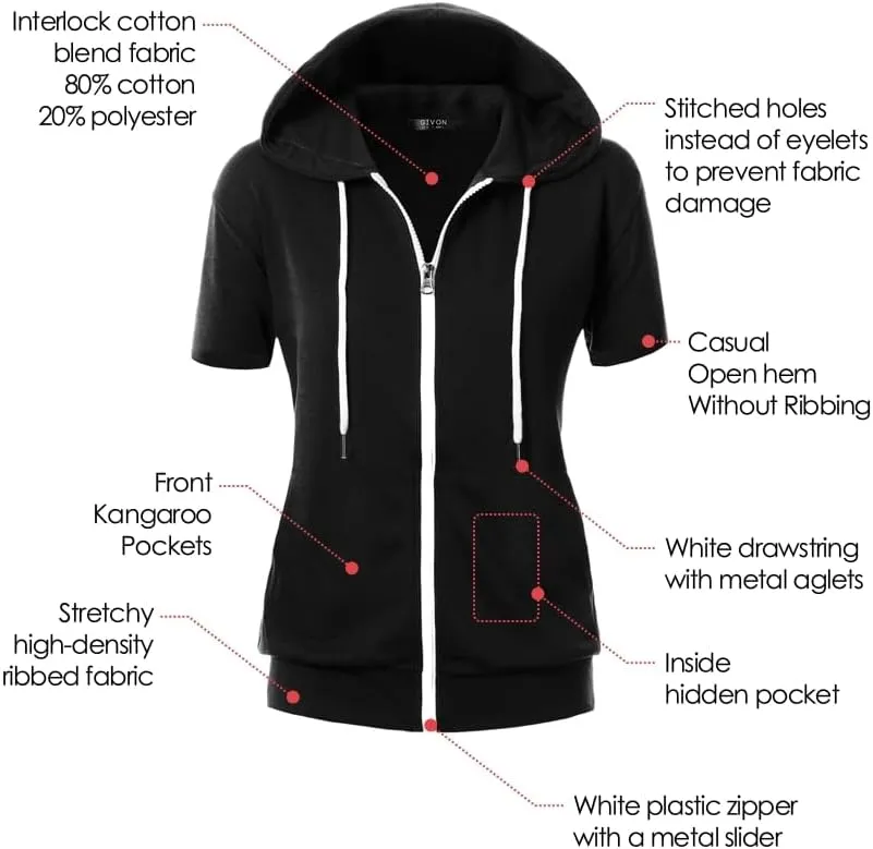 GIVON Womens Slim Fit Zip Up Hoodie Short Sleeve Thin Jacket Full Zip Sweatshirt with Plus Size