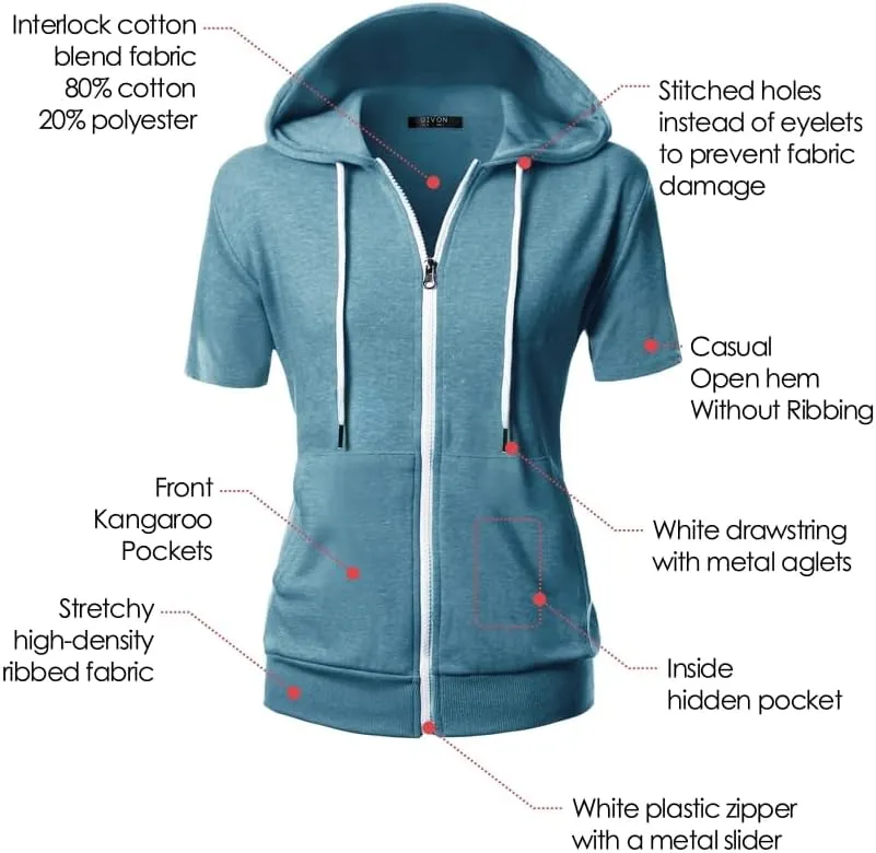 GIVON Womens Slim Fit Zip Up Hoodie Short Sleeve Thin Jacket Full Zip Sweatshirt with Plus Size