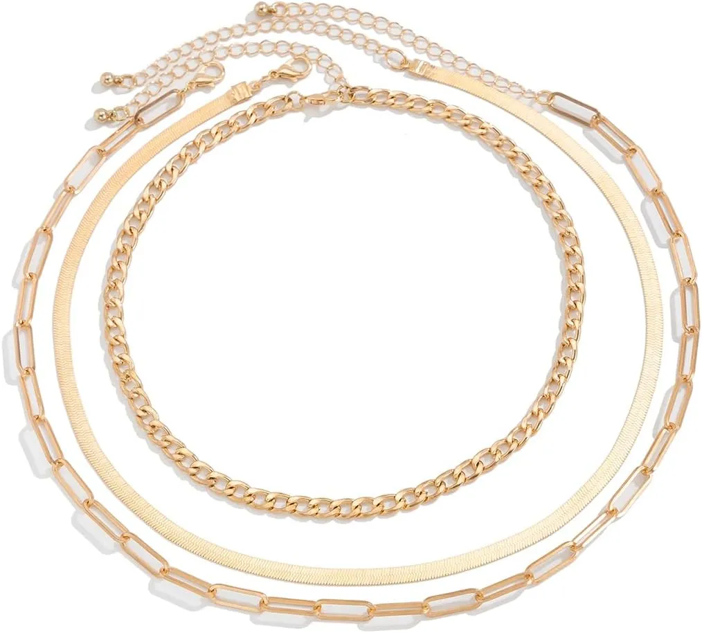 Gold Layered Chain Necklace for Women Set Gold Plated Dainty Paperclip Chain Necklaces Stack Herringbone Choker Necklace Punk Jewelry