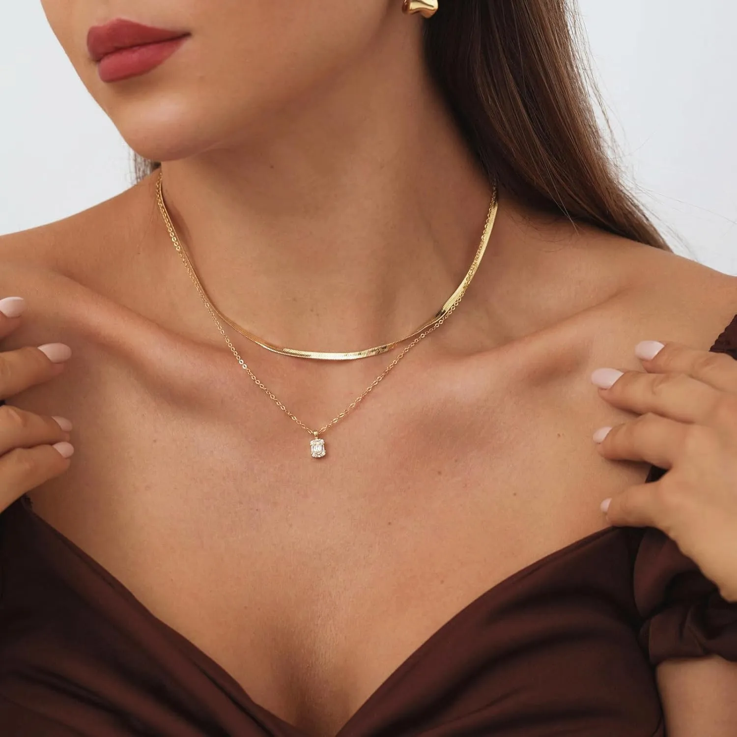 Gold Layered Necklace for Woman 14K Real Gold Silver Necklace Set Dainty Herringbone Necklace Trendy Choker Necklace Zirconia Pendant Gold Jewelry for Woman Gift
