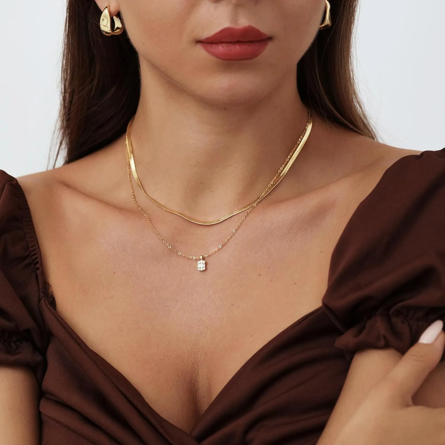 Gold Layered Necklace for Woman 14K Real Gold Silver Necklace Set Dainty Herringbone Necklace Trendy Choker Necklace Zirconia Pendant Gold Jewelry for Woman Gift
