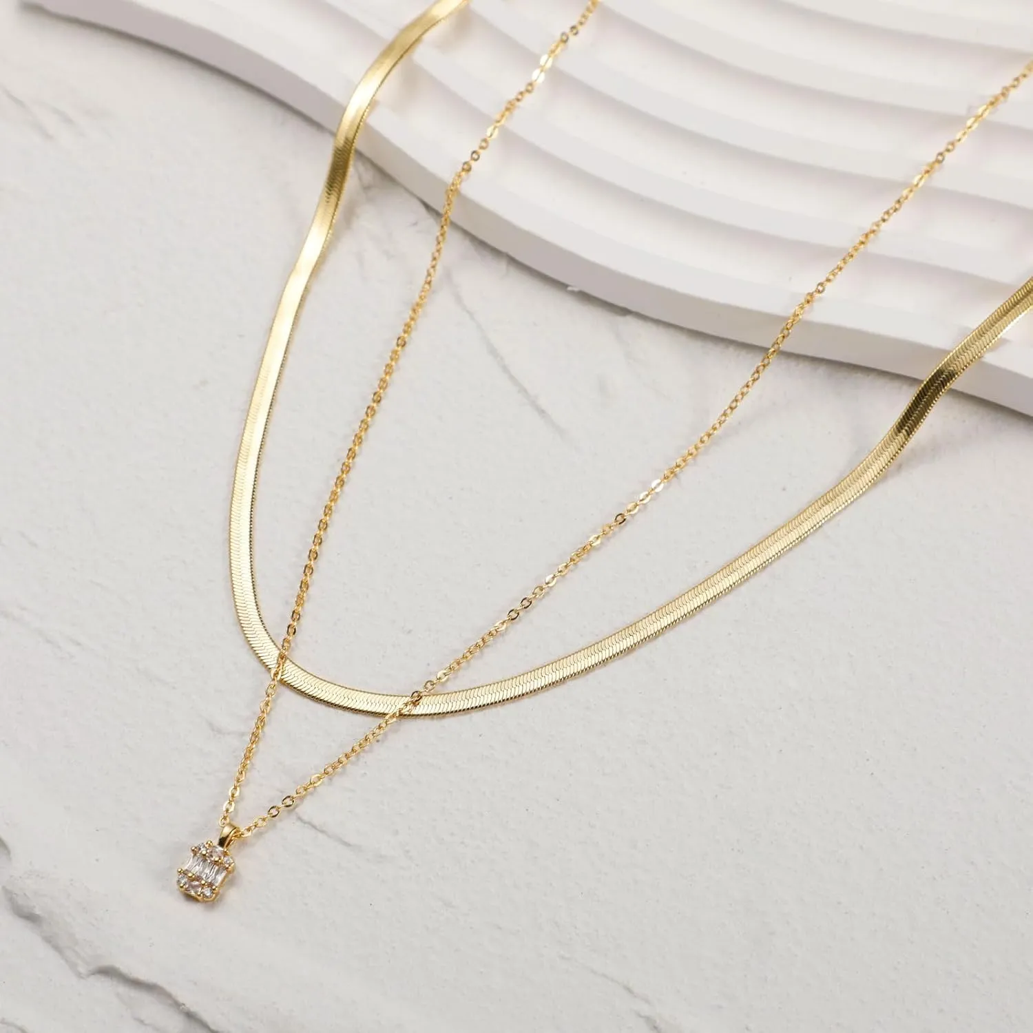 Gold Layered Necklace for Woman 14K Real Gold Silver Necklace Set Dainty Herringbone Necklace Trendy Choker Necklace Zirconia Pendant Gold Jewelry for Woman Gift
